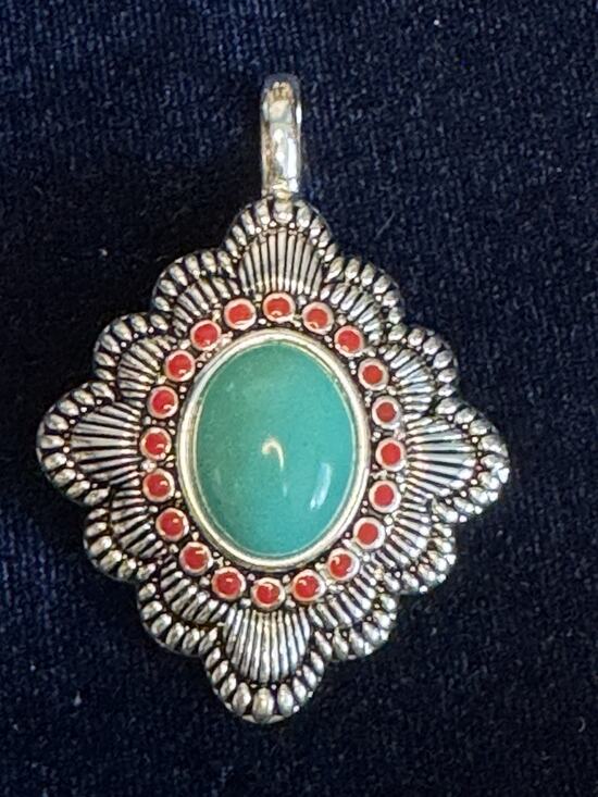 For Women Accessories - Vintage Southwest Style Turquoise Red Cabochon Silver Tone Statement Pendant